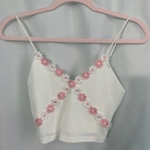white cropped tank w embroidered flowers